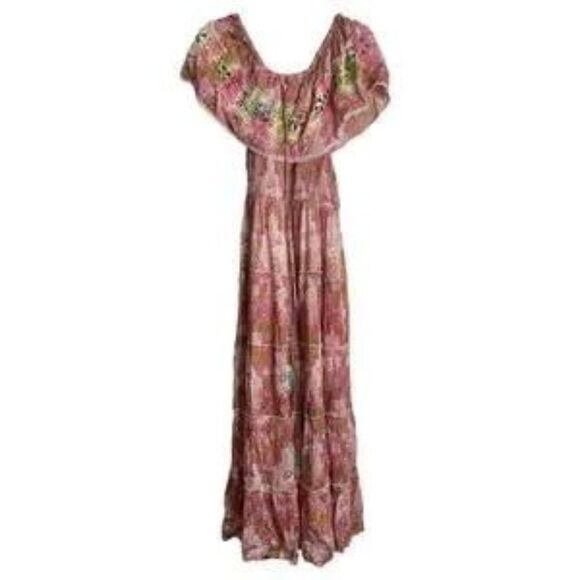 Barok Paris Floral Boho Off The Shoulder Tassel Front Tier Maxi Dress